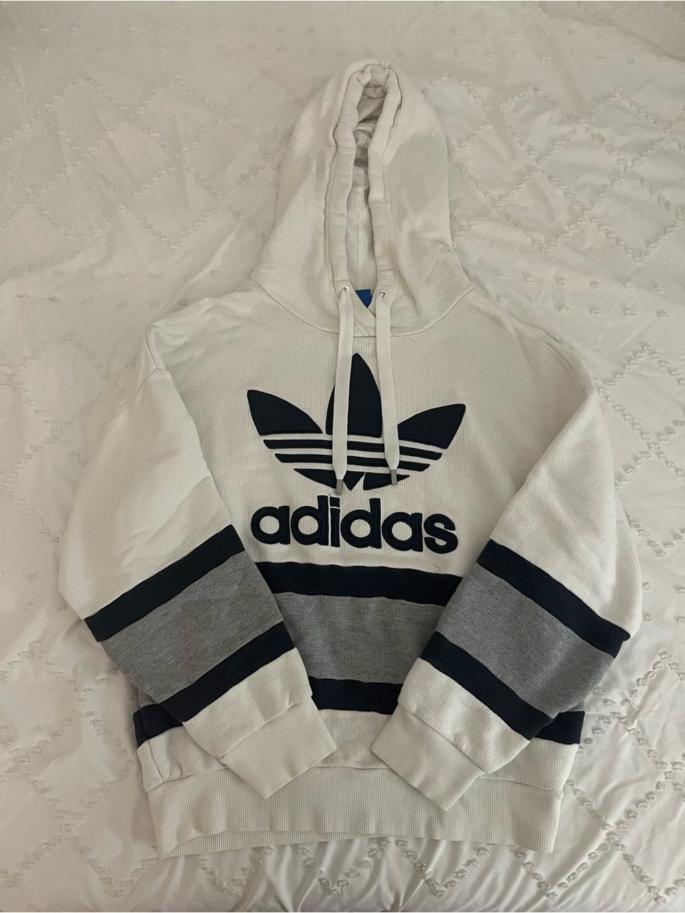 adidas White Hoodie with Navy & Gray Logo Stripes